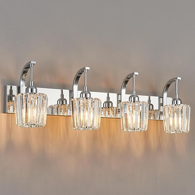 Modern Bathroom Vanity Light, 4-Light Chrome Wall Sconce with Crystal Accents, Over Mirror Bathroom Lighting Fixture, 32.67" Long Dimmable Vanity Lamp for Makeup, Easy Installation