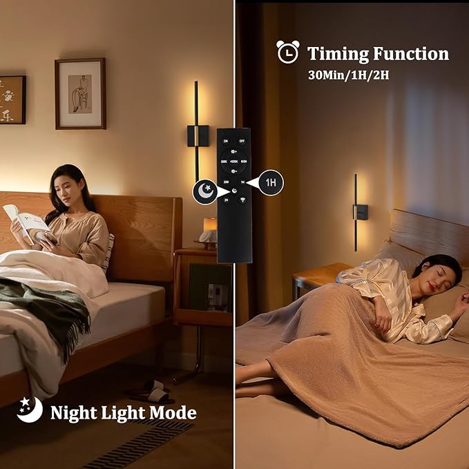 Battery Operated Wall Sconce Set of 2, 8000mAh Wireless Wall Sconces, 3000K-6000K Dimmable, 350°Rotate, Indoor Wall Lights with Remote for Bedroom Living Room Bathroom, Black Gold, 23.6 Inch