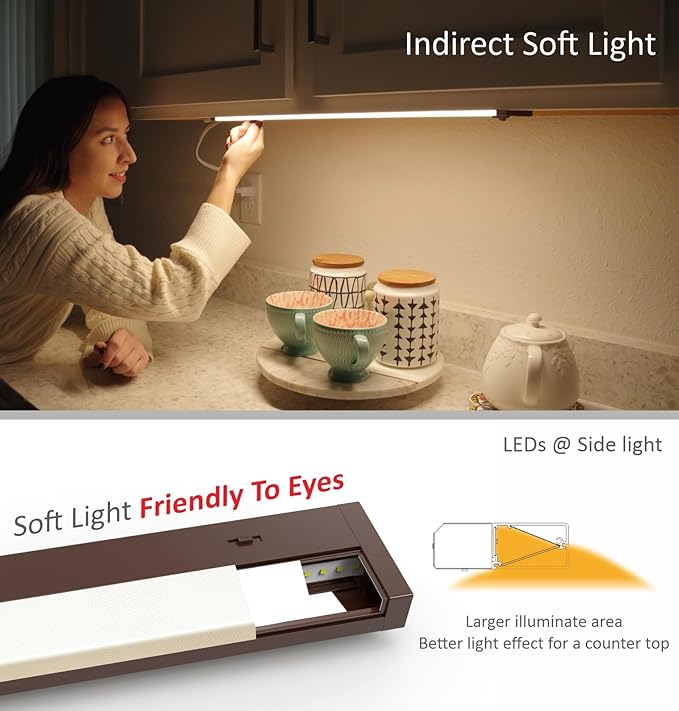 LED Under Cabinet Lighting Hardwired or Plug in, 18 Inch 9W, Dimmable 5 Color 2700K/3000K/3500K/4000K/5000K, Linkable Eyes Care Design Counter Lights for Kitchen, Sink, ETL Listed, Bronze