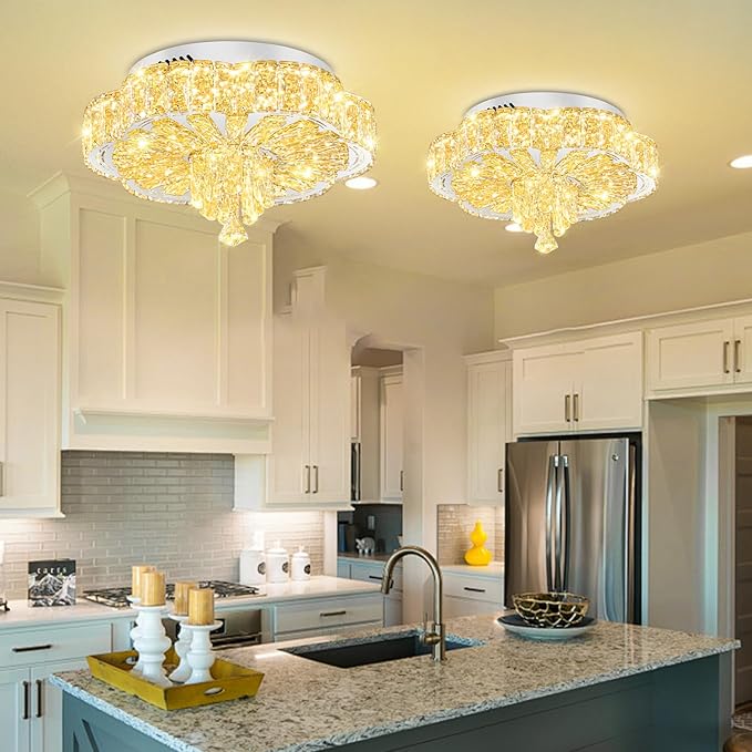 Modern Empire Crystal Chandelier Silver 16inches Crystal Raindrop Ceiling Light for Living Room Bedroom LED Infinity Dimmable 3000-6000K