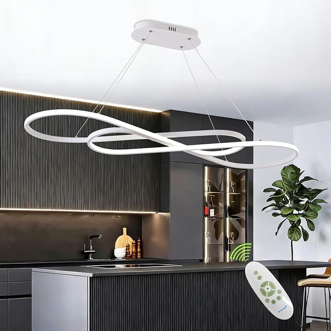 Led Chandeliers for Dining Room,Modern Led Pendant Light Fixture, Dimmable Adjustable Height Music Note Shape Hanging Lamp with Remote Control White Iron Ceiling Light Fixture for Kitchen Island