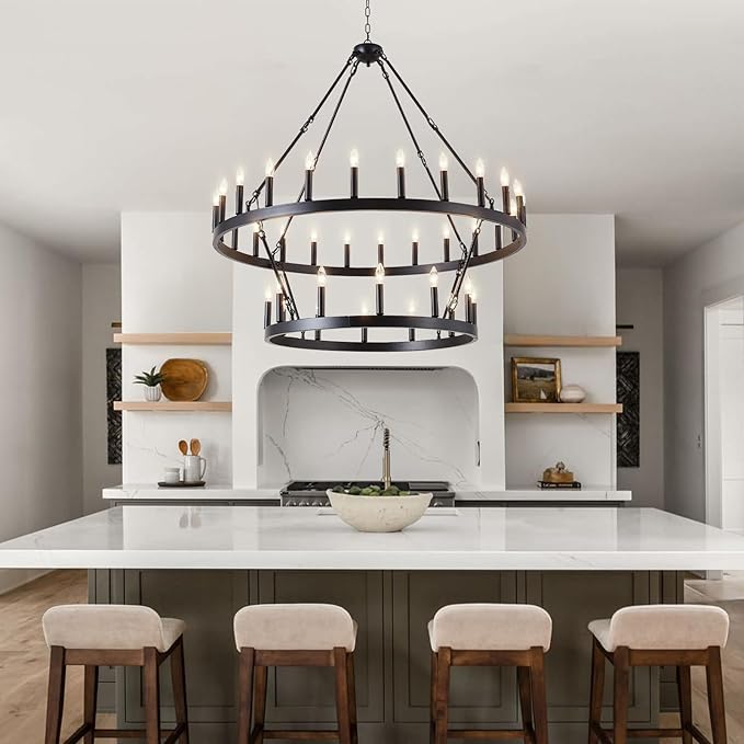 Black Wagon Wheel Chandelier 2 Tier 36-Light, 48-Inch Large Farmhouse Industrial Chandelier Round Rustic Pendant Light Fixture for High Ceilings Foyer, Entryway, Dining Room, E12