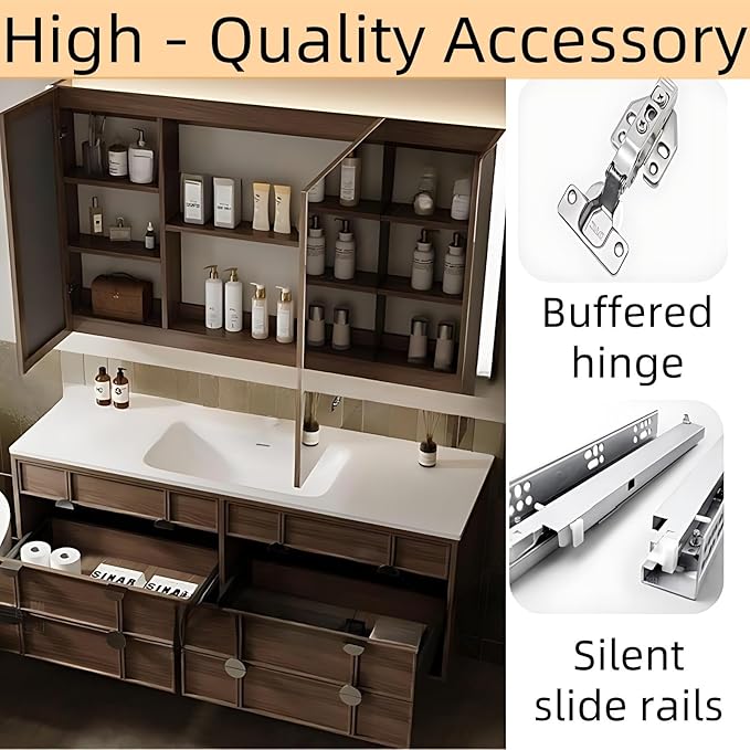 Bathroom Vanity - Wall Mounted Cabinet with 4 Drawers & Integral Ceramic Wash Basin | Smart Mirror Including LED Light Defogging (Style A, 38in)