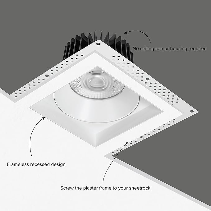 Maxxima 6” Trimless Ultra-Thin Square Recessed Anti-Glare LED Downlight, Canless IC Rated, 1800 Lumens 5 Color Temperature Selectable 2700K/3000K/3500K/4000K/5000K Dimmable, 90 CRI, J-Box Included