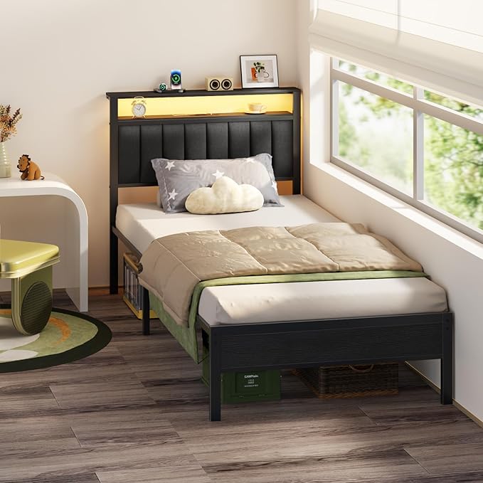 Furnulem Twin Size Bed Frame with Charging Station and LED Lights, Platform Bed with Metal Slats, Grey Upholstered Headboard with 2-Tier Storage Shelves, No Box Spring Needed