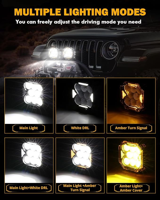 Auxbeam Cube-Z Series LED Cube Pod Lights, 4 Inch 112W Flood Driving Light with White DRL&Amber Turn Signal Light, 12800LM Hyper Bright Offroad Ditch Pods with Amber Cover for Truck SUV ATV UTV, Pair