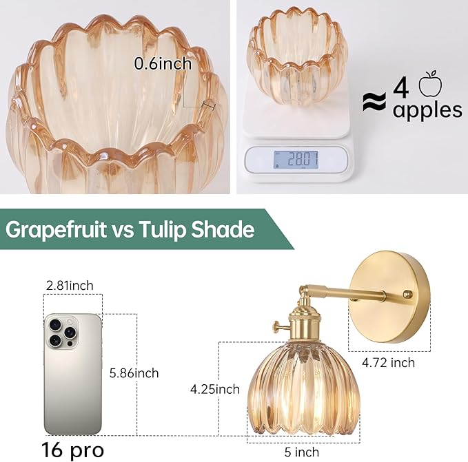 Vintage Wall Sconces with Cute Amber Tulip Glass Lampshade 180 Degree Adjustable Brass Sconces Hradwired Modern Wall Lighting Fixture with Switch for Bedside Bedroom Doorway