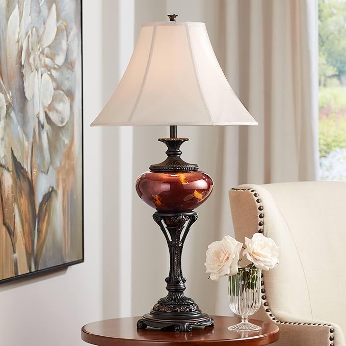 Barnes and Ivy Liam Traditional Style Table Lamp 38" Tall Warm Florentine Bronze Metal Urn Tortoise Shell Glass Bell Shade Decor for Living Room Bedroom House Bedside Home Entryway Dining