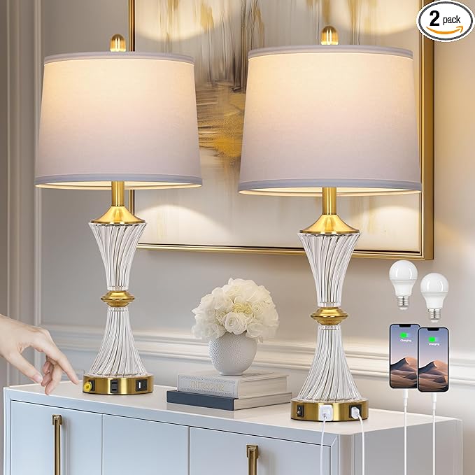 Crystal Glass Table Lamp Set of 2 with USB C+A Ports & AC Outlet, White Lamp, Modern Bedroom Lamps, Gold Lamp for Night Stands Bedroom Living Room,Nightstand Lamp LED Bulbs Included