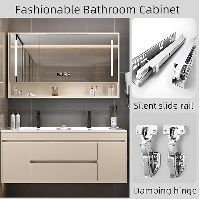 60IN Suspend Bathroom Vanity - Bathroom Cabinet with Double Sinks | Smart Defogging Mirror Cabinet Includes Time Display & LED Lighting, Open Storage Shelves, 2 Drawers (Apricot Color)