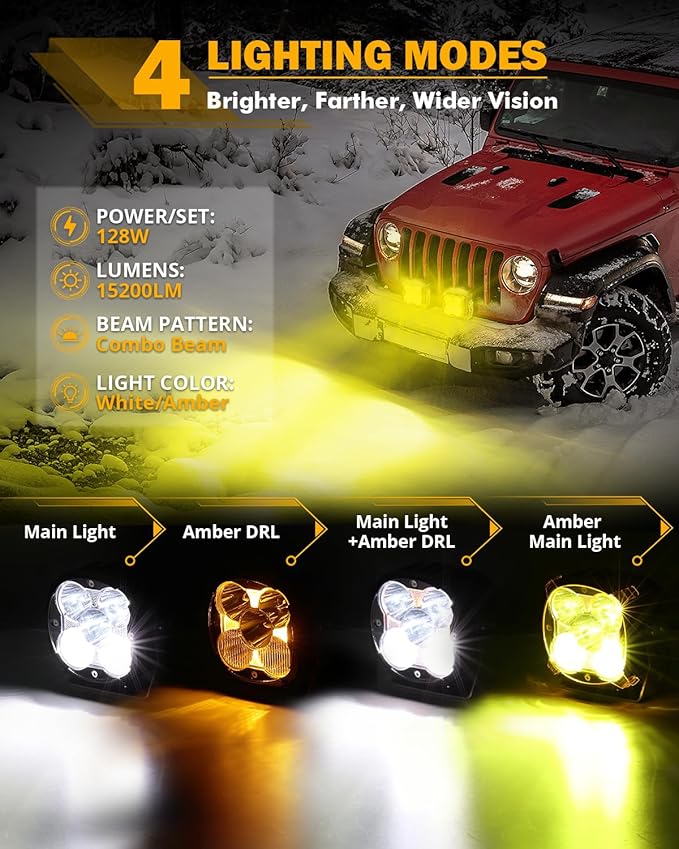 Auxbeam XP Ultra Series LED Pod Light, 4 Inch 15200LM Driving Off-Road Cube Ditch Spotlights with Amber DRL, Hyper Spot Flood Combo Beam Auxiliary Work Light with Cover for 4x4 Jeep Ford ATV UTV