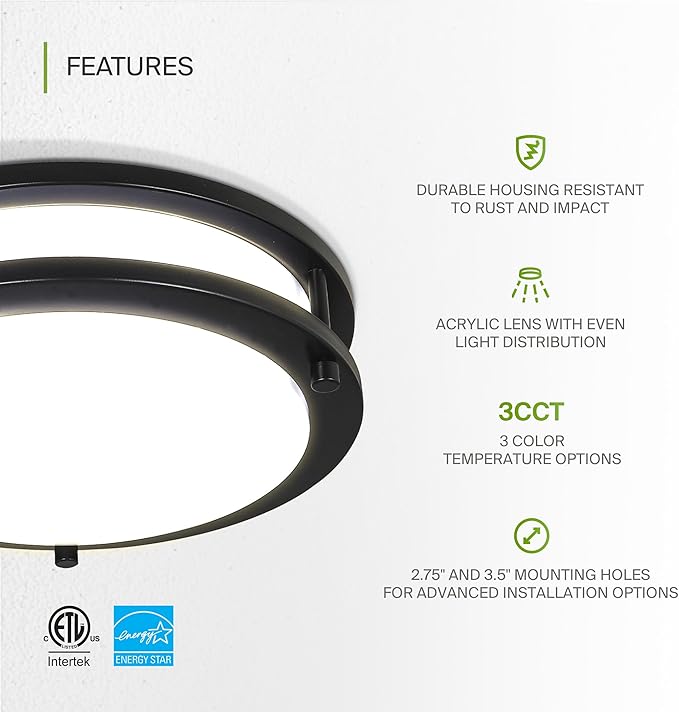 ASD LED 10" Round Flush Mount Lighting, Close to Ceiling Light Fixture | 3CCT, Dimmable, Energy Star, ETL Listed | 16W 1050LM 3000K-5000K 120V | Low Profile Double Ring Lamp | Black