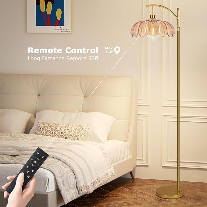 Floor Lamp for Living Room,Bedroom,Gold Dimmable Standing Lamp with Remote,Mid Century Modern Brass Tall Lamp Retro Vintage Green Glass Lamp Floor Light Boho Bohemian