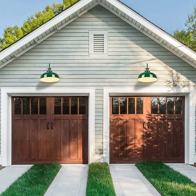 Outdoor Barn Lights, 16 Inch Dome Rustic Outdoor Wall Sconces, Farmhouse Exterior Wall Mount Lighting Fixture, Industrial Green Wall Lantern for Porch, Entryway, Garage, RZ007L-2 GR+WH