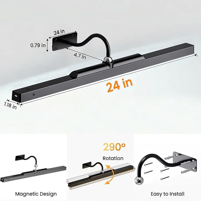 24 Inch Picture Light - Black Battery Operated Wireless Wall Sconce with Remote & Timer for Paintings, Gallery, Mirror & Artwork