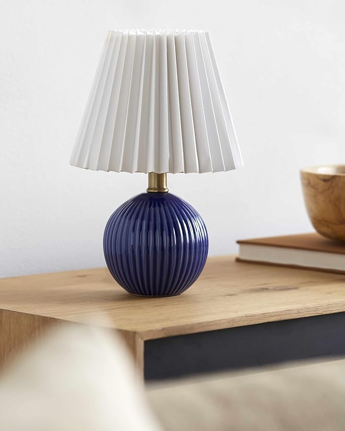 BoutiqueRugs Shahrekord Contemporary Geometric Ceramic Bedside Table Lamp for Bedroom Nightstand - Modern End Side Lighting for Living Room - Shade Linen - White, Navy - 11" H