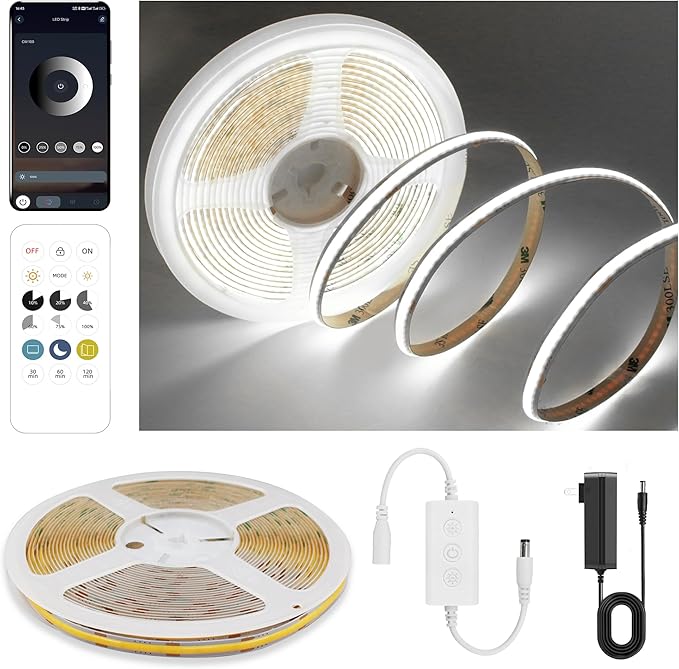 COB LED Strip Lights Cool White,24V Dimmable led Light Strip KIT with Remote and app Control,6000K 9.84FT/3m 8mmwide Ra>90 Cuttable Flexible Strip Lights for Bedroom,Shelf,Cabinet