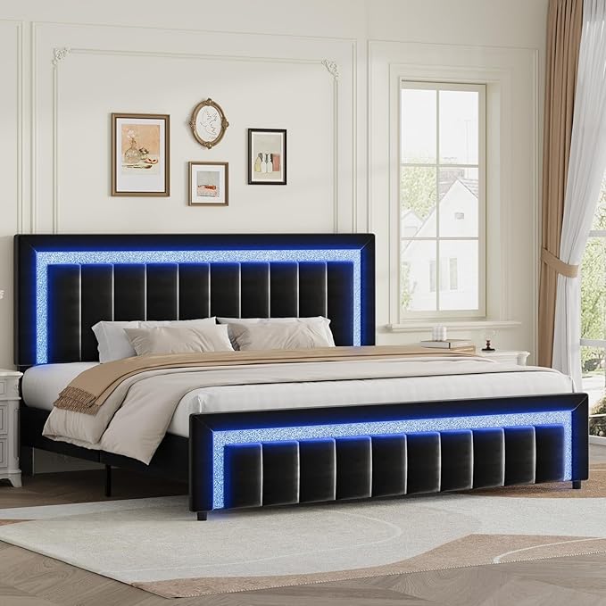 HOMBCK Bed Frame King with LED Lights and Velvet Upholstered Headboard, King Size Bed Frame with Modern Diamond Headboard Adjustable, Wooden Slats Support, Noise Free, No Box Spring Needed, Black
