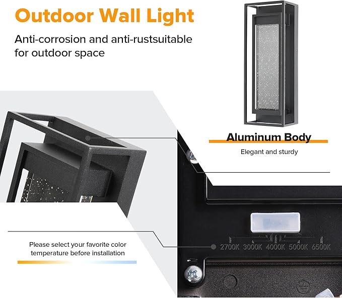 LUTEC 2 Pack Outdoor Wall Light Fixtures, 5 Color Temperature Porch Light Wall Sconce with Crystal Bubble Glass,Waterproof Outdoor Wall Lanterns, Modern Outside Lights for House Front Door Garage
