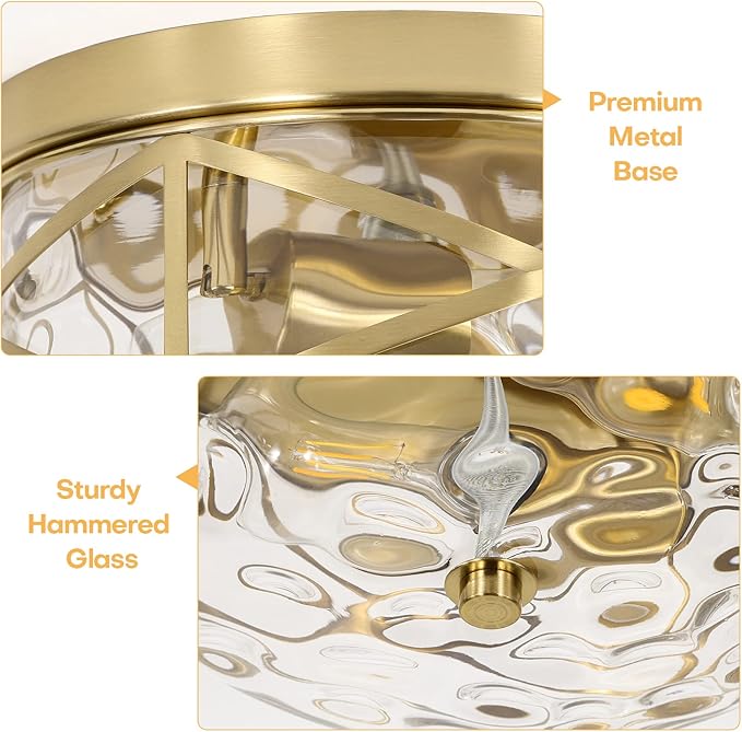 LamQee 9.8" Small Flush Mount Ceiling Light with Clear Hammered Glass, Brushed Gold Hallway Light Fixtures Ceiling Mount for Bathroom, 2-Lights Farmhouse Close to Ceiling Light Kitchen Foyer Bedroom