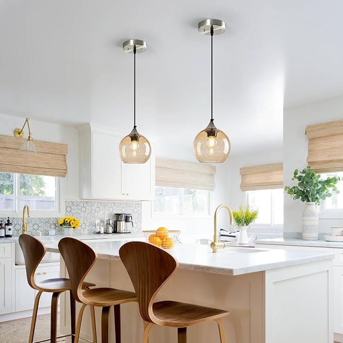 Light Brown Glass Pendant Lights Kitchen Island Globe Pendant Light Fixtures Modern Pendant Lighting for Bedroom Living Dining Room Light Fixture (5.9 in, 1 Pack)