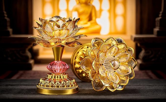 Colorful LED Lotus Buddhist Lamp, Built 13 Buddhist Songs, Gradient Buddha Light for Worship, Prayer and Display, Low Power Consumption, Eco, Buddhist Supplies - Gold