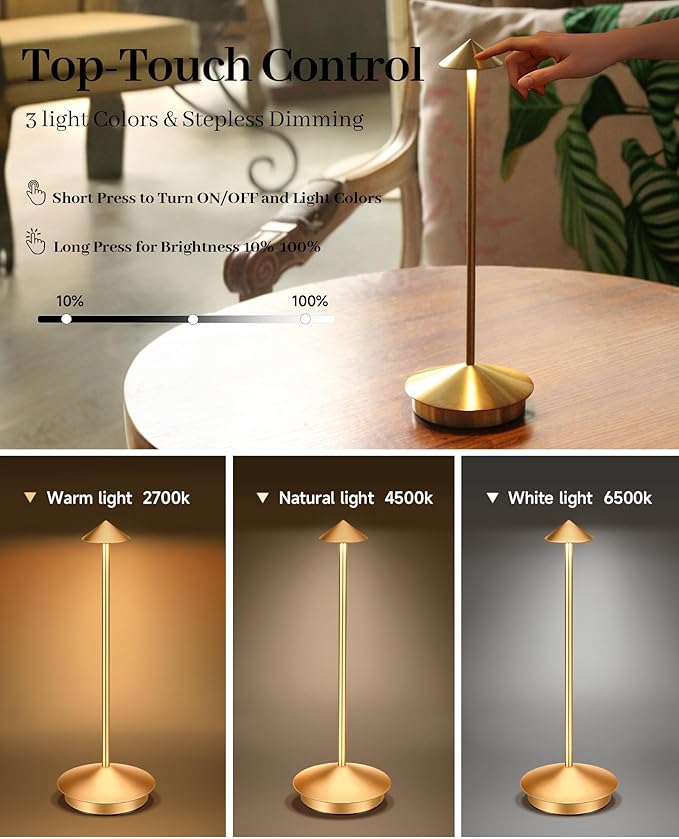 Portable Led Cordless Lamp Table Light 2 Pack, Rechargeable 6000mAh Battery Outdoor Table Lamp for Dinning Restaurant Patio Bedroom Camping, IP54 Waterproof, Dimmable