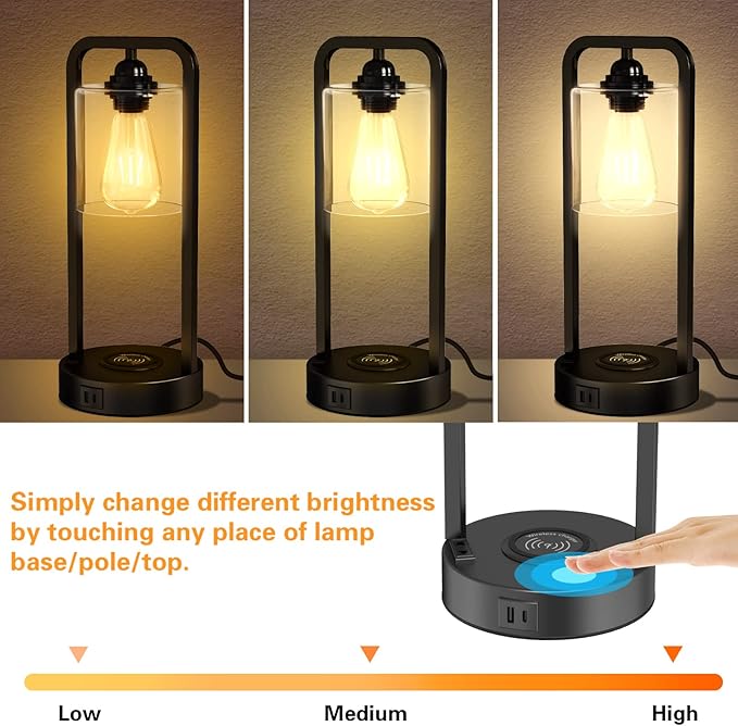 Wireless Charging Table Lamp for Bedroom Set of 2, Touch Control Dimmable with Type C USB Ports & AC Outlet Bedside Nightstand Lamp, Glass Shade Industrial Desk Lamp for Home Office, Bulbs Included