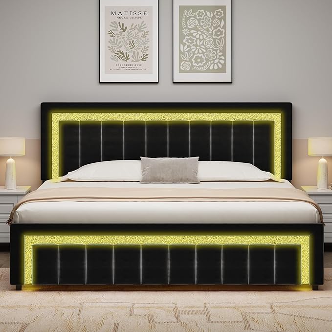 HOMBCK Bed Frame King with LED Lights and Velvet Upholstered Headboard, King Size Bed Frame with Modern Diamond Headboard Adjustable, Wooden Slats Support, Noise Free, No Box Spring Needed, Black