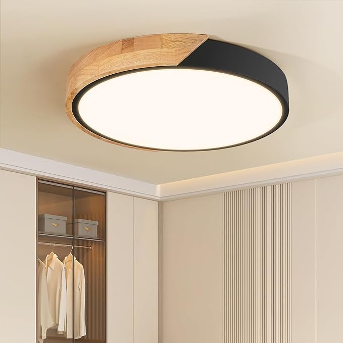 Modern LED Ceiling Light for Bedroom: Minimalist Wood Flush Mount Ceiling Light Fixture with Acrylic Lampshade - 4500K Not Dimmable Overhead Ceiling Lamps for kitchen hallway living room (11.8" Black)