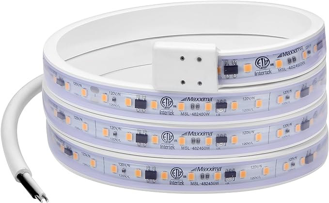 Maxxima 48 in. Hardwired LED Under Cabinet Strip Light, 1840 Lumens, 3000K Warm White, Kitchen and Living Room 120V White Cove Lighting, No Power Supply Needed