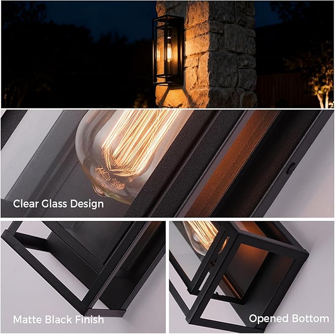 2Pack 18inch Outdoor Wall Light Fixtures,Exterior Waterproof Lanterns,Porch Sconces Wall Mounted Lighting with E26 Sockets & Glass Shades,Modern Matte Black Wall Lamps for Patio Front Door Entryway
