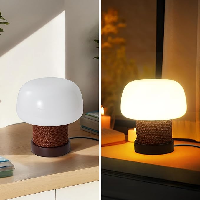 Small Table Lamp for Bedroom-Wooden Base Mushroom Table Lamps,Milky White Glass Shade,Three Adjustable Color Temperatures Modern Cute Unique Side Table and Desk Lighting(H 7.4 in)