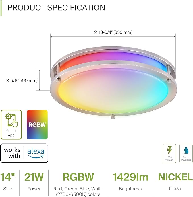 ASD LED 14" Round Flush Mount Lighting, Close to Ceiling Light Fixture | Smart, Multicolor, Dimmable, ETL Listed | 21W 1430LM RGB-2700-6500K 120V | Low Profile Double Ring Lamp | Nickel, 4 Pack