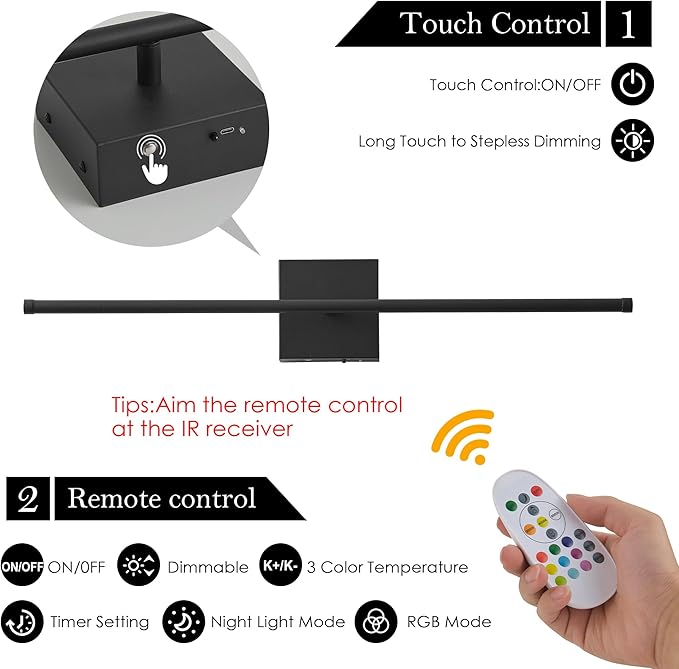 28.3 Inch 9 RGB Color Battery Operated Wireless Wall Sconces Set of Two, with Remote, Dimmable, Warm/Natural White/Daylight, Rotatable, LED Wall Light for Living Room, Bedroom, Black