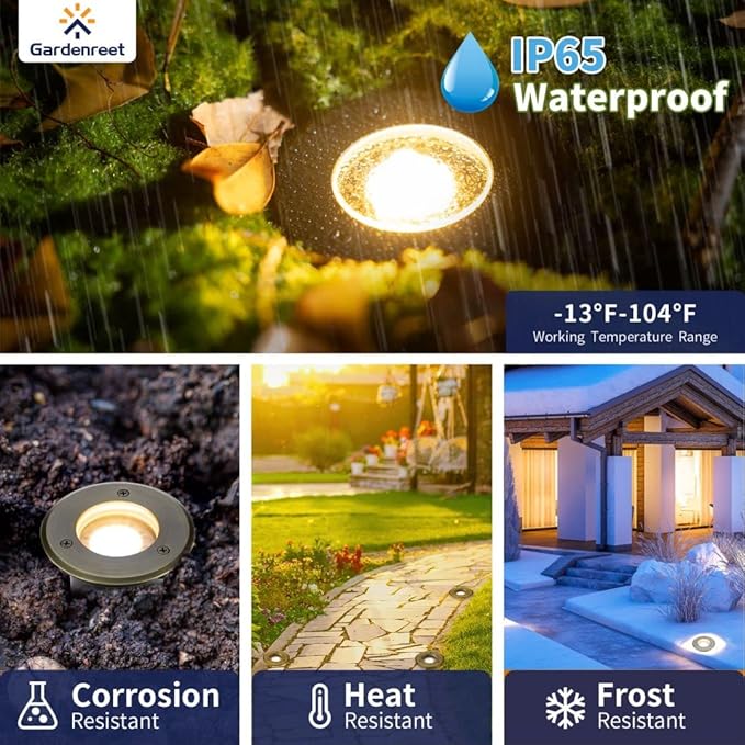Gardenreet Solid Brass Well Light - LED 12V All Weather In-Ground Low Voltage Landscape Lighting, Replaceable Bulb Fixture, Antique Bronze for Backyard Pathway Patio with 2700K Warm White MR16 Bulb