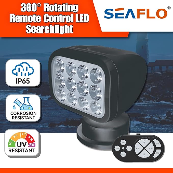 SEAFLO 360° Rotating Remote Control LED Searchlight, 10-30V, Auto-Reset, IP66 Waterproof, Marine Spotlight for Boats, Truck, Vehicles, CE & Rohs Certified (Wireless Remote/Black//Warm Light 2700K)