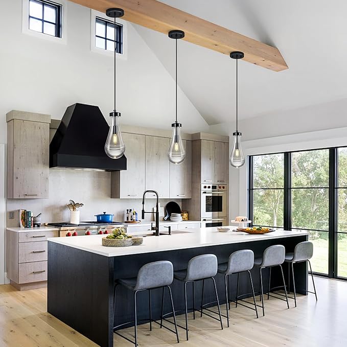 Raindrop Pendant Lights Kitchen Island Teardrop PlatingBlack Hanging Light Fixtures Clear Solid Glass Pendant Light Modern Chandeliers for Dining Room Porch Corridor Living Room(Black 3-Pack)