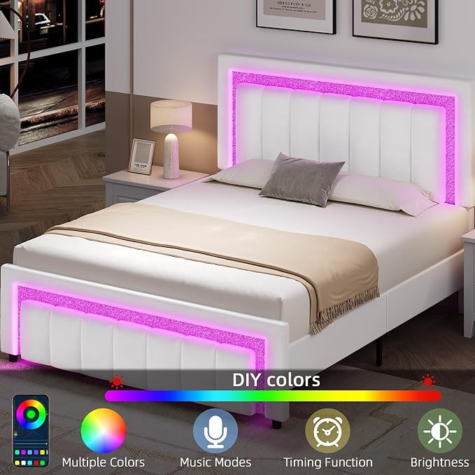 HOMBCK Queen Bed Frame with LED Lights and Velvet Upholstered Headboard, Bed Frame Queen Size with Modern Diamond Headboard Adjustable, Wooden Slats Support, Noise Free, No Box Spring Needed, White