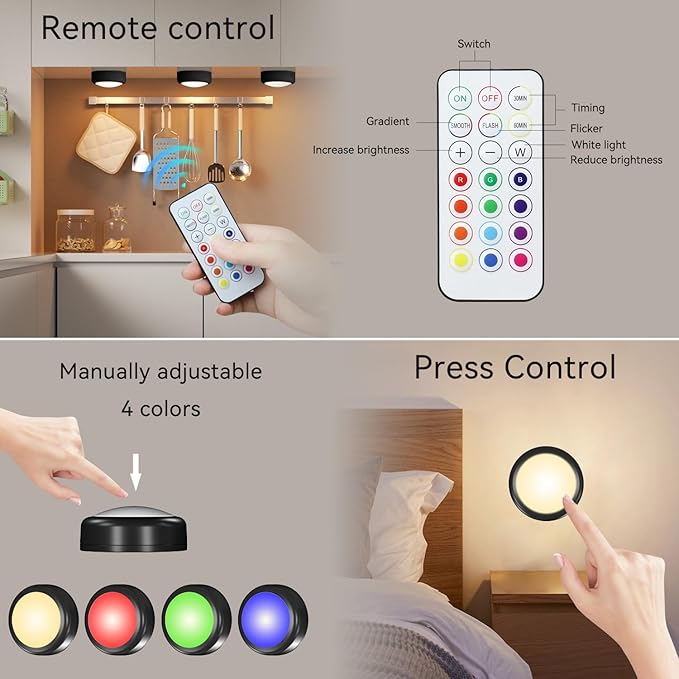LED Puck Lights with Remote Control, Under Cabinet Lighting Stick on Tap/Push Lights, Battery Operated Closet Light, Wireless Led Wall Lights for Bedroom, Under Counter Light for Kitchen, 2 Pack