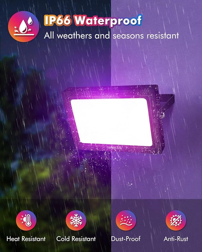 MEIKEE 100W RGB LED Flood Lights 1000W Equivalent RGB Color Changing LED Floodlights Christmas Decoration IP66 Waterproof Outdoor Wall Flood Lighting for Halloween Garden Party Stage (2 Pack)