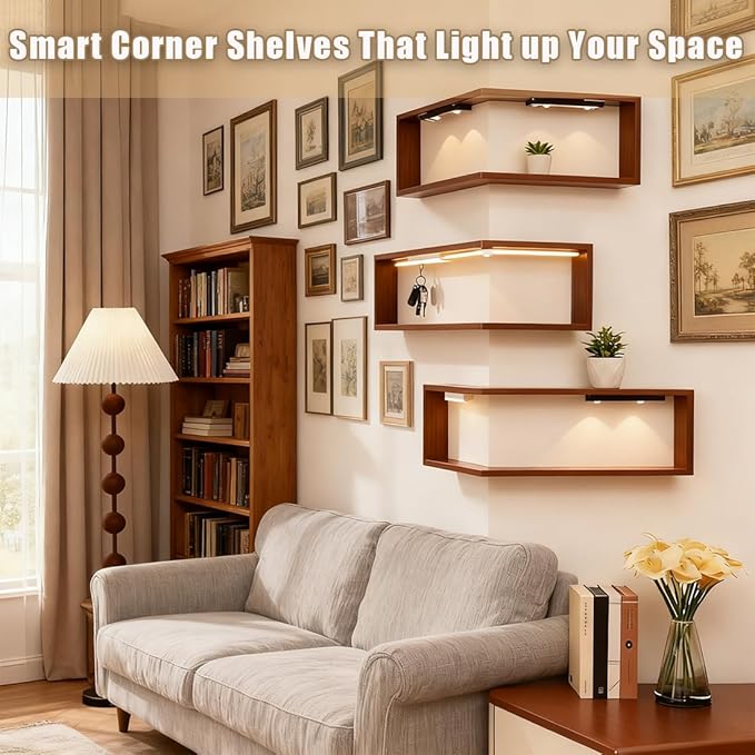 Smart Corner Shelves That Light up Your Space, Wall-Mounted Corner Shelf Display Rack, Easy to Install, 3-Tier Modern Storage Rack for Ornaments Figurines Collectibles with Lamp