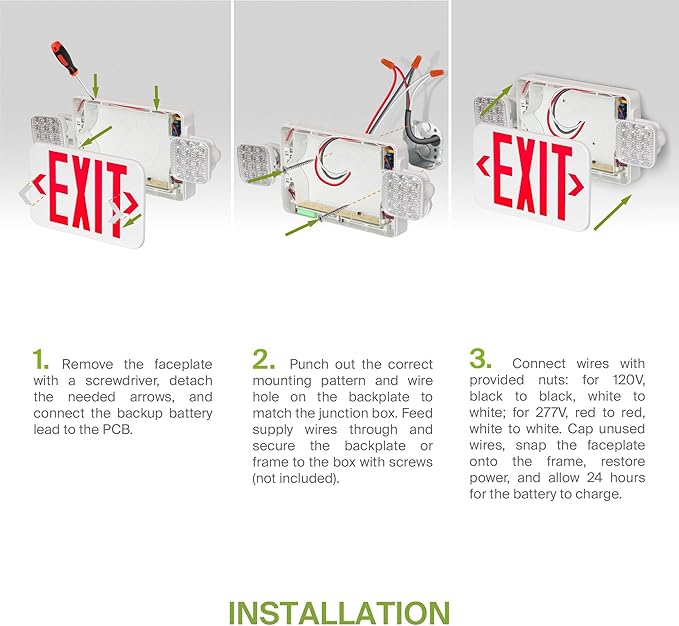 ASD LED Exit Sign with Battery Backup & Square Rotatable Heads - 120-277V UL 2.2W Double Face Emergency Exit Light for Business, Commercial Damp Location Power Outage Lights, Red