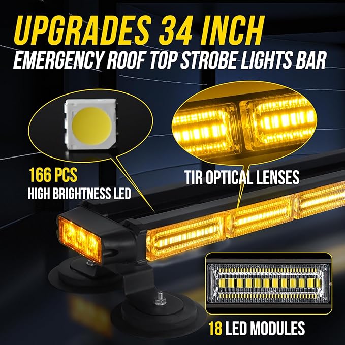 34inch 166 LED Emergency Rooftop Strobe Lights Bar Flashing Safety Traffic Advisor Warning Hazard Snow Plow Light W/Magnet Base for Work Trucks Vehicles Construction Tow Pickup Amber