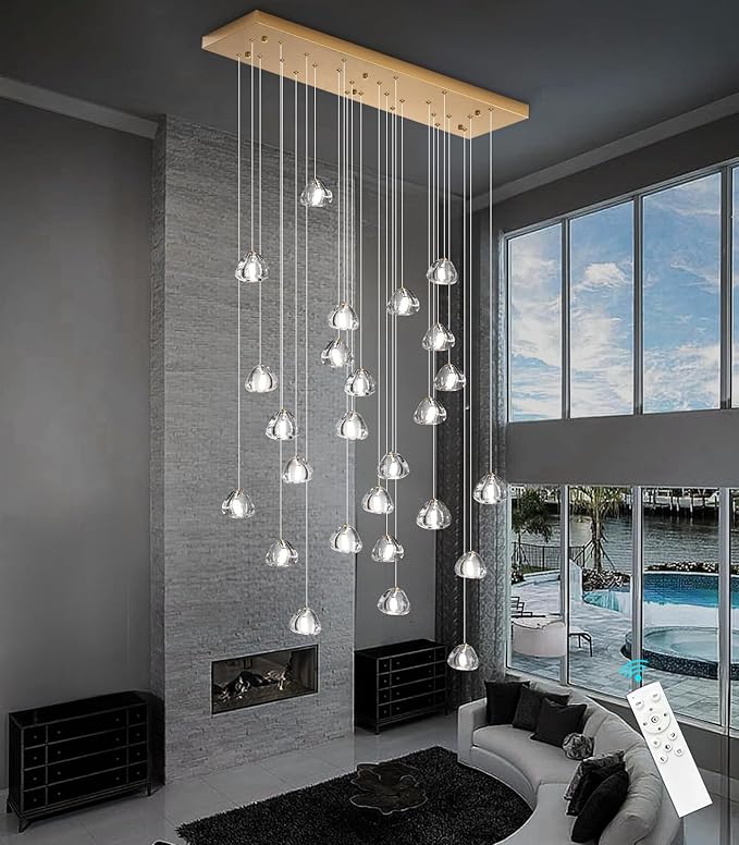 LED Rectangular Chandeliers for Living Room Dining Room Light Dimmable High Ceiling Pendant Lights Fixtures Lighting 26-Lights for Foyer Entryway Lighting Antique Gold