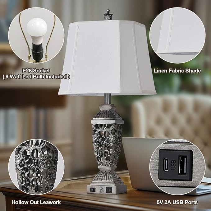 AIDENOEY Farmhouses Table Lamp with USB & USB-C Charging Ports, 3-Color Dimmable & Stepless Bottom Dimming, Touch Control & Switch, Vintage Bedside Lamp for Bedroom Living Room Office,(27.5" high)