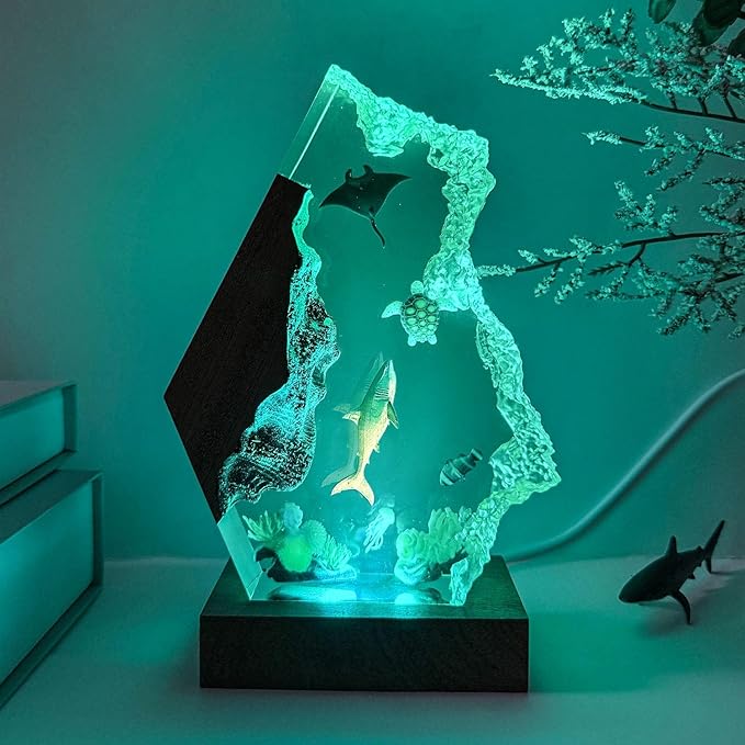 Great White Shark Ocean Resin Lamp, Handmade Resin Night Light for Home Office Decor, Multi-Color LED Light with USB Port, Shark Gifts for Birthday Holiday, Valentine's Day Gifts for Him Kids (9"x6")