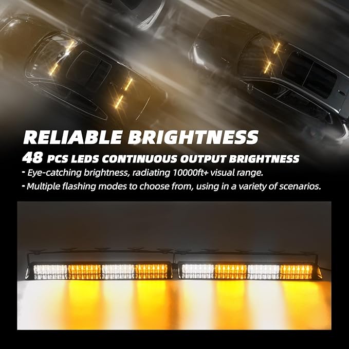 Amber/White 2 in 1 Emergency Dash Strobe Light Bar, Front/Rear 48LEDs Interior Windshield Visor Safety Flashing Warning Hazard Lights for Construction Work Trucks Towing Vehicles
