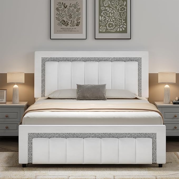 HOMBCK Queen Bed Frame with LED Lights and Velvet Upholstered Headboard, Bed Frame Queen Size with Modern Diamond Headboard Adjustable, Wooden Slats Support, Noise Free, No Box Spring Needed, White