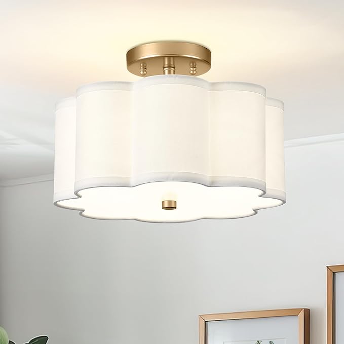 Gold Semi Flush Mount Ceiling Light, 3-Light 12.5" Ceiling Lighting Fixtures with Fabric Shade in Flower Shape, Farmhouse Brass Drum Lights for Nursery Hallway Bedroom, AD-22007-3SF-GD